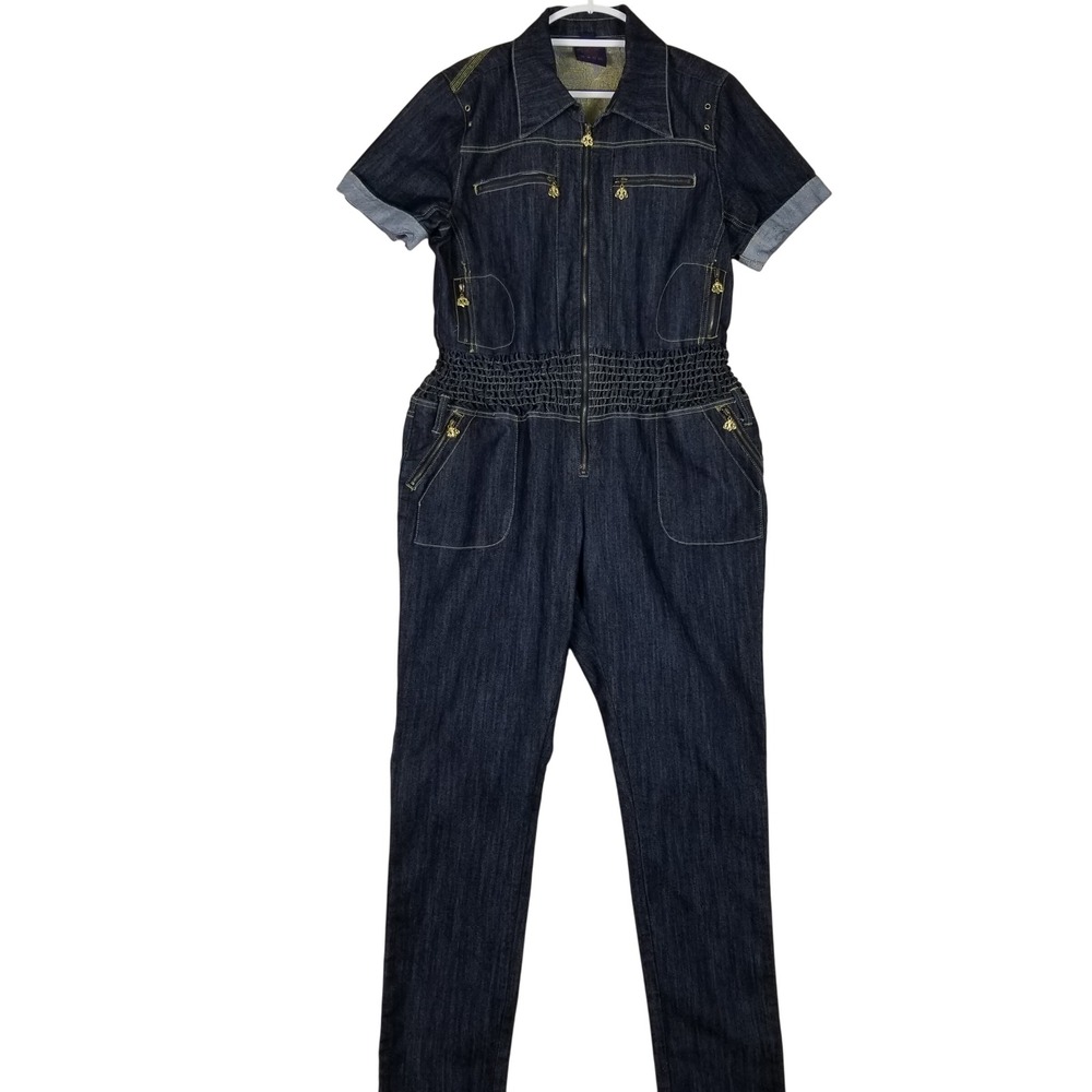 Dereon Denim Jumpsuit Womens 1X Blue Smocked Waist Y2K Embroidered Utility Zip